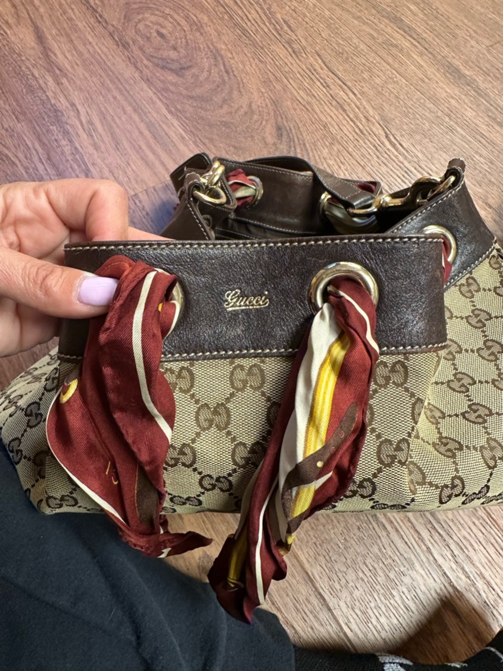 Gucci Brown and Tan GG Canvas Shoulder Bag with Scarf Accents